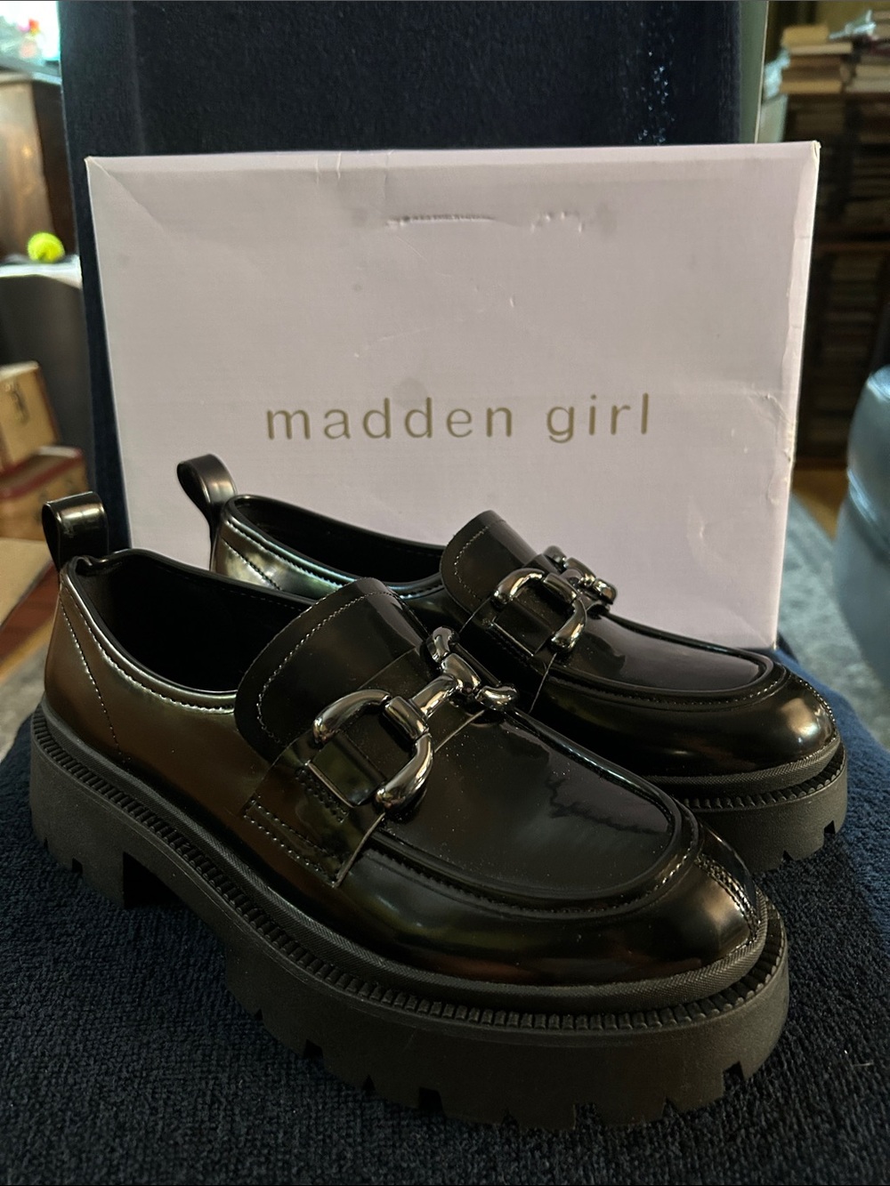 Madden Girl Ashlee Black Patent Loafers with Lug Sole & Horse Bit Buckle NWT